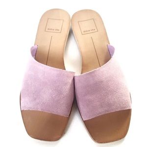 Dolce Vita Hildy Wooden Heeled Slip On Slides Sandals in Blush Pink Suede